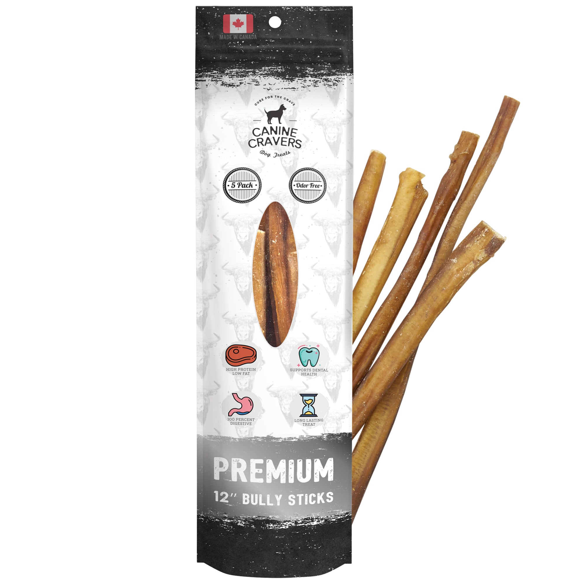 Premium Beef 12 Inch Bully Stick Pack of 5 Canine Cravers